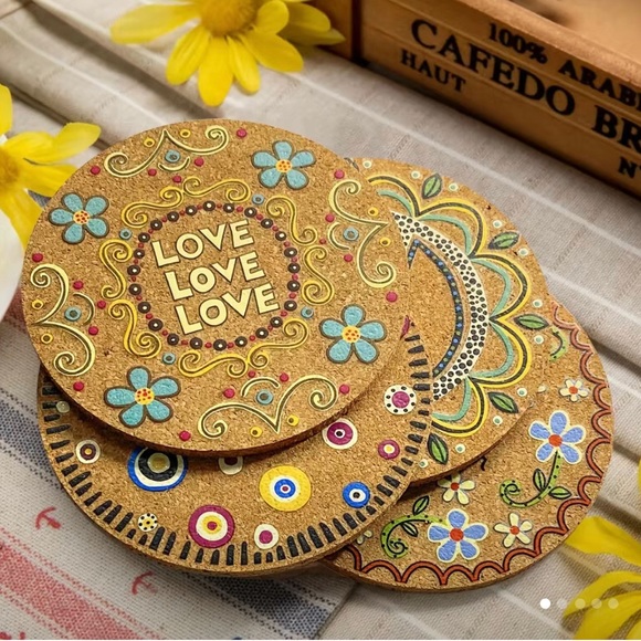 Tasha’s Boutique Other - 4pcs/set Flower Print Coaster Natural Cork Coasters Round Boho Absorbent Coaster